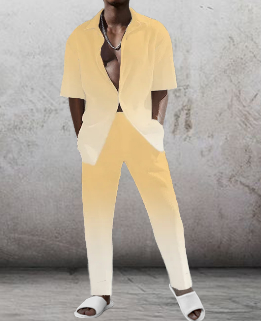 OK Fashion Gradient Lapel Collar Short Sleeve Shirt & Straight Pants 2Pcs Set